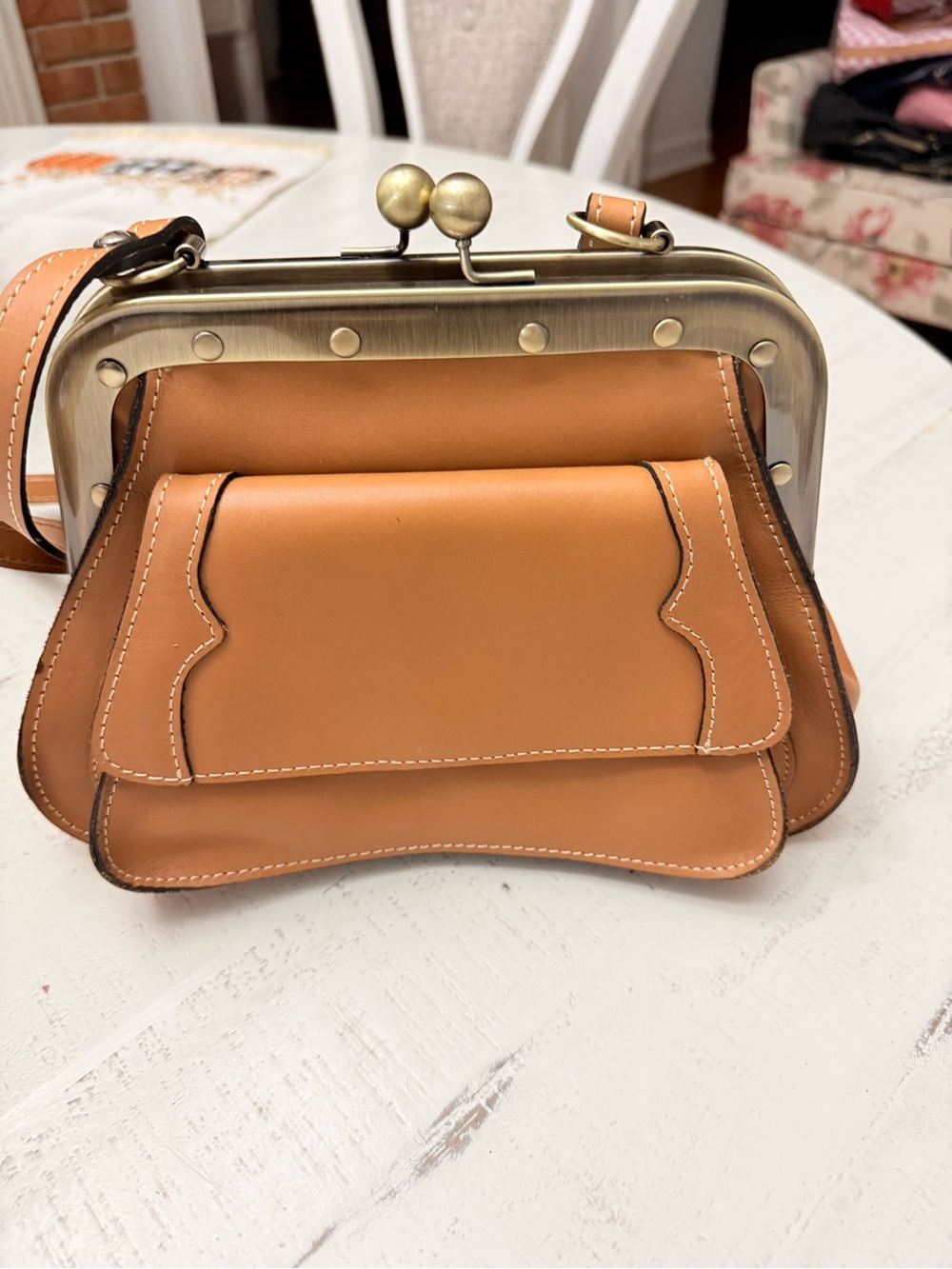 Patricia Nash Tan Frame-Top Leather Crossbody Bag - Classic Structured Style